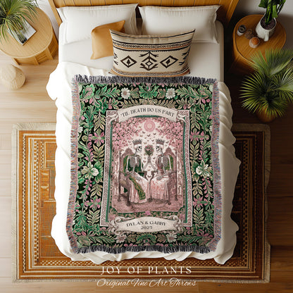Pastel Botanical Skeleton Lovers Throw | Personalized Anniversary Blanket Custom Gift for Husband and Wife Sentimental Goth Couple Tapestry