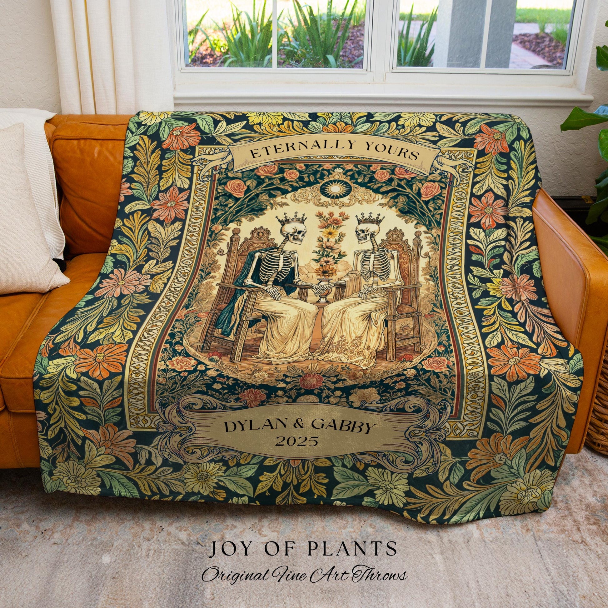 Whimsical Skeleton Lovers Woven Tapestry | Personalized Couple Name Tapestry Custom Gothic Wedding Keepsake for Partner Floral Til Death |