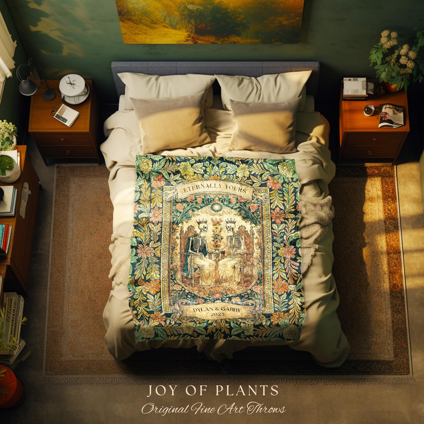 Whimsical Skeleton Lovers Woven Tapestry | Personalized Couple Name Tapestry Custom Gothic Wedding Keepsake for Partner Floral Til Death |