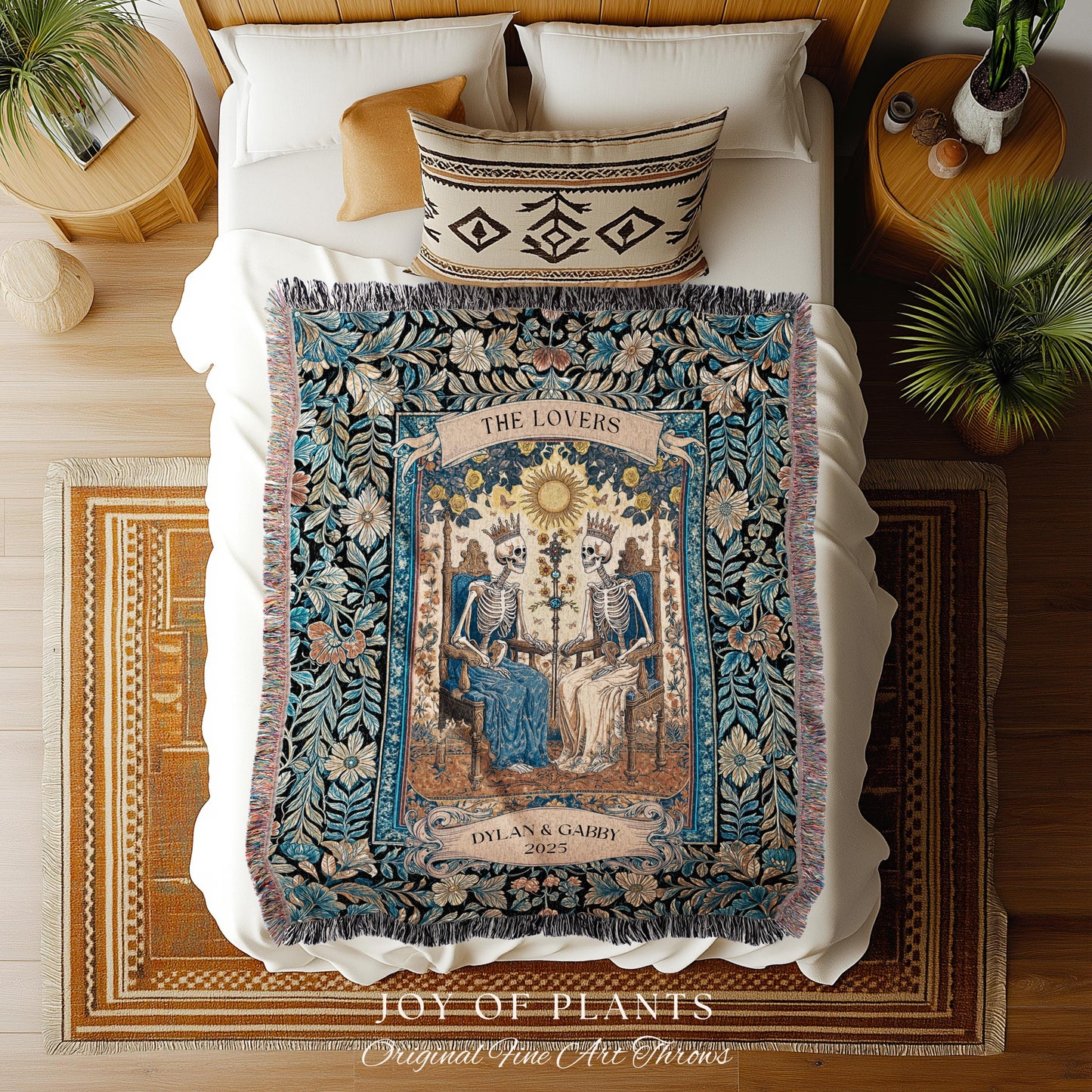 The Lovers Custom Skeleton Couple Blanket | Personalized Anniversary Gift Custom Gothic Throw for Couple Romantic Woven Tapestry with Names