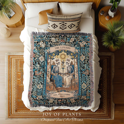 The Lovers Custom Skeleton Couple Blanket | Personalized Anniversary Gift Custom Gothic Throw for Couple Romantic Woven Tapestry with Names