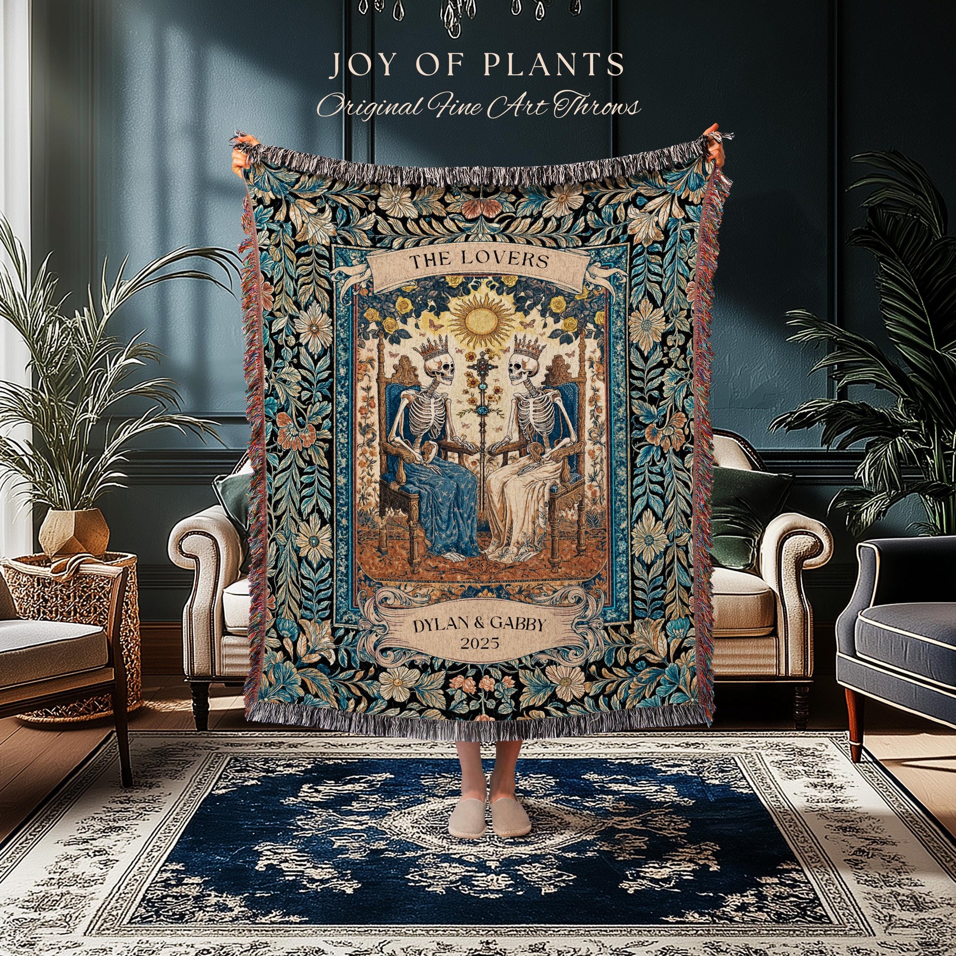 The Lovers Custom Skeleton Couple Blanket | Personalized Anniversary Gift Custom Gothic Throw for Couple Romantic Woven Tapestry with Names