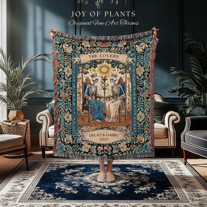 The Lovers Custom Skeleton Couple Blanket | Personalized Anniversary Gift Custom Gothic Throw for Couple Romantic Woven Tapestry with Names