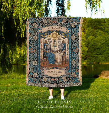 The Lovers Custom Skeleton Couple Blanket | Personalized Anniversary Gift Custom Gothic Throw for Couple Romantic Woven Tapestry with Names