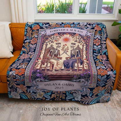 Til Death Do Us Part Skeleton Name Blanket | Pastel Aesthetic Custom Gothic Tapestry Personalized Anniversary Throw Gift Wife Sentimental |