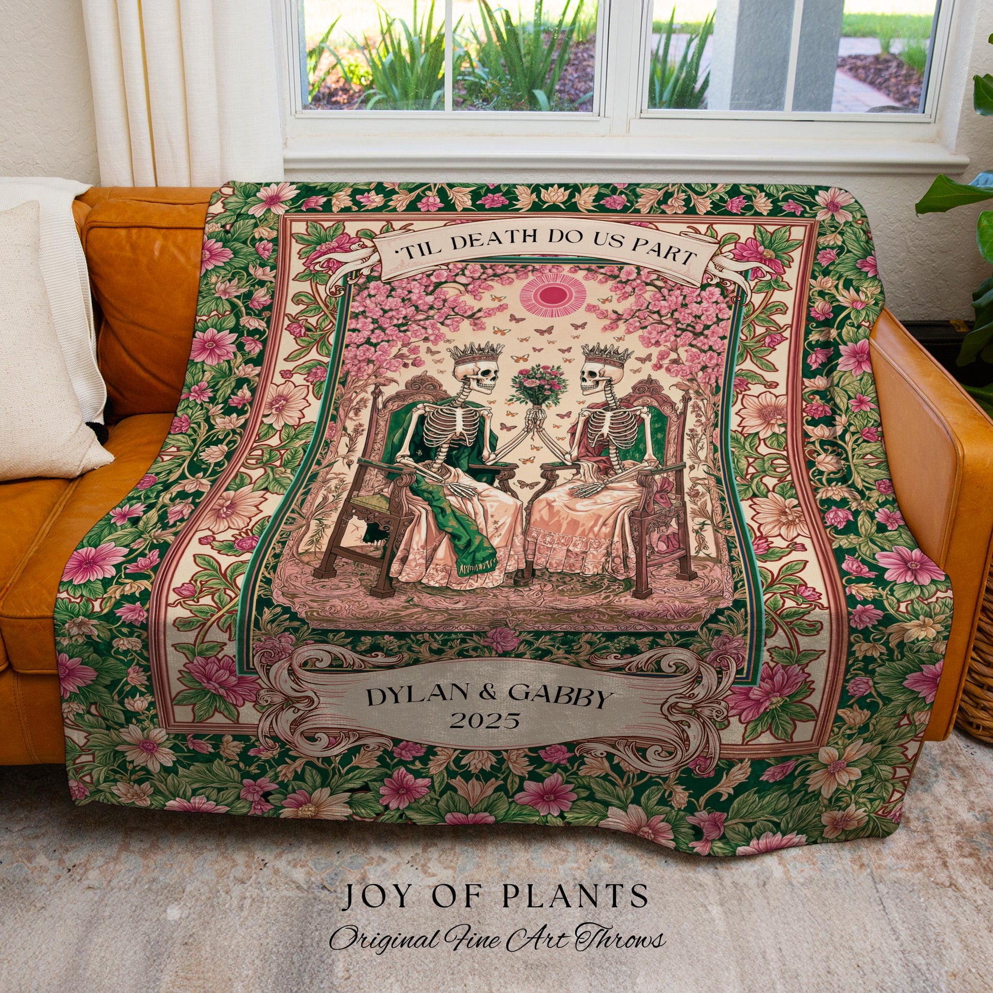 Botanical Gothic Custom Skeleton Blanket | Personalized Anniversary Gift for Wife Witchy Wedding Throw Spooky Couple Tapestry with Names