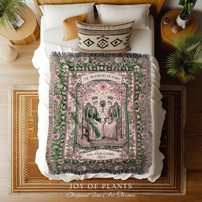 Botanical Gothic Custom Skeleton Blanket | Personalized Anniversary Gift for Wife Witchy Wedding Throw Spooky Couple Tapestry with Names