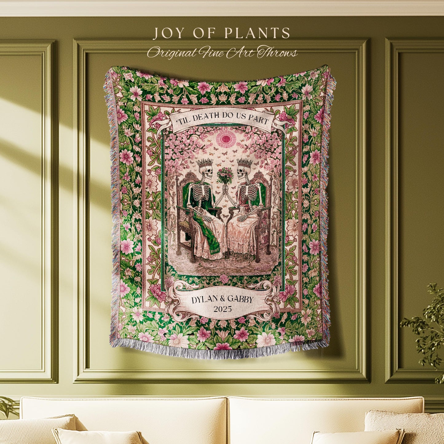 Botanical Gothic Custom Skeleton Blanket | Personalized Anniversary Gift for Wife Witchy Wedding Throw Spooky Couple Tapestry with Names