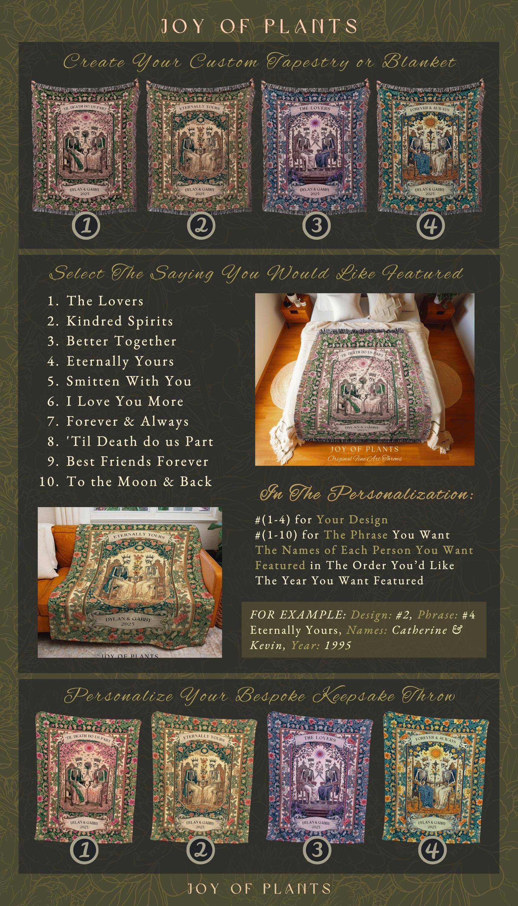 Botanical Gothic Custom Skeleton Blanket | Personalized Anniversary Gift for Wife Witchy Wedding Throw Spooky Couple Tapestry with Names