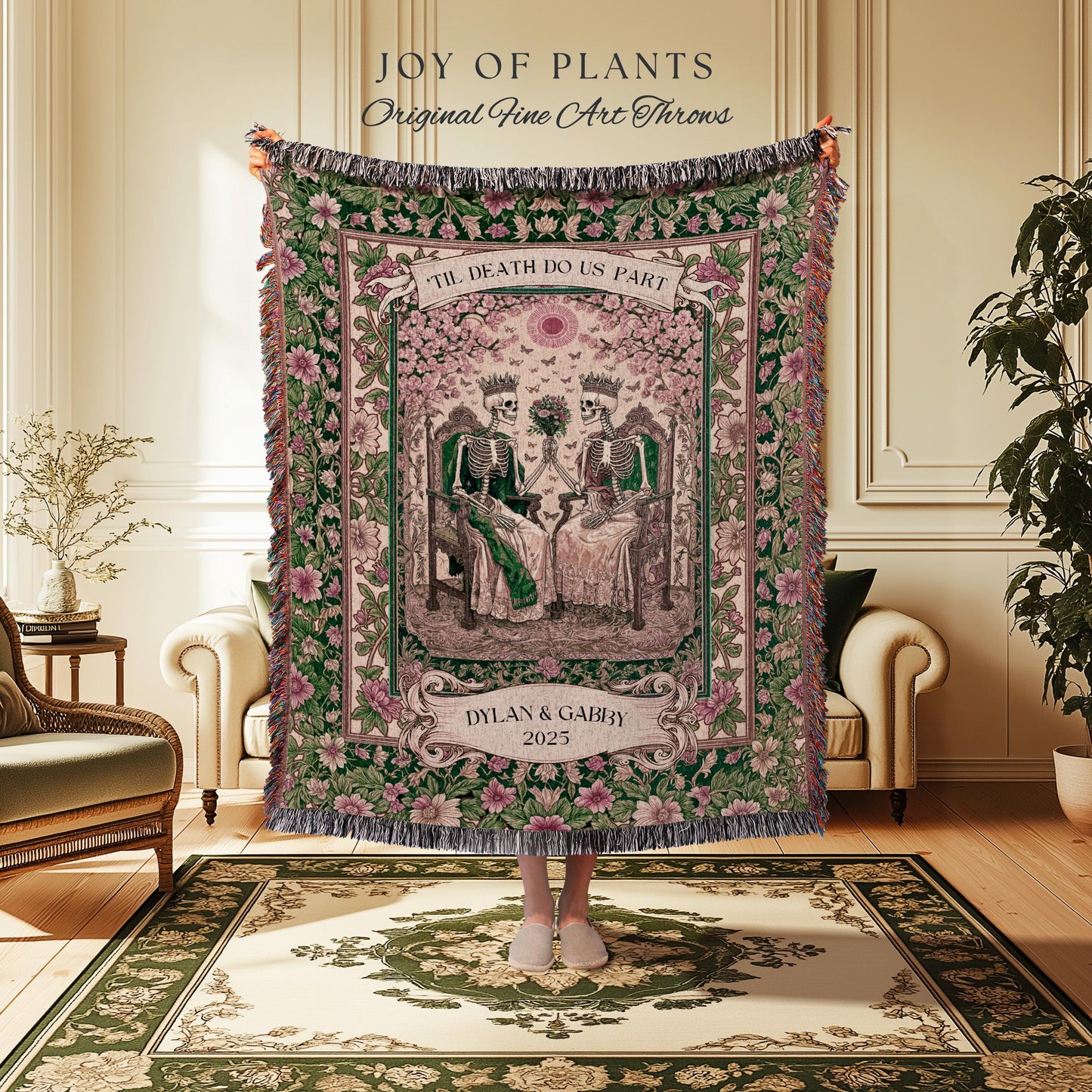 Botanical Gothic Custom Skeleton Blanket | Personalized Anniversary Gift for Wife Witchy Wedding Throw Spooky Couple Tapestry with Names