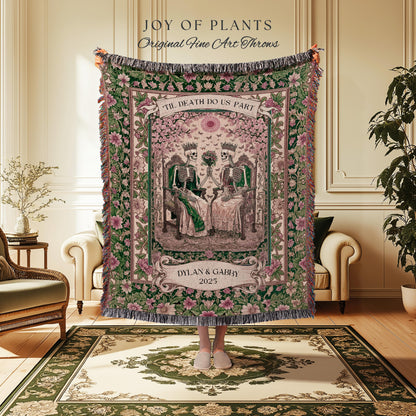 Botanical Gothic Custom Skeleton Blanket | Personalized Anniversary Gift for Wife Witchy Wedding Throw Spooky Couple Tapestry with Names