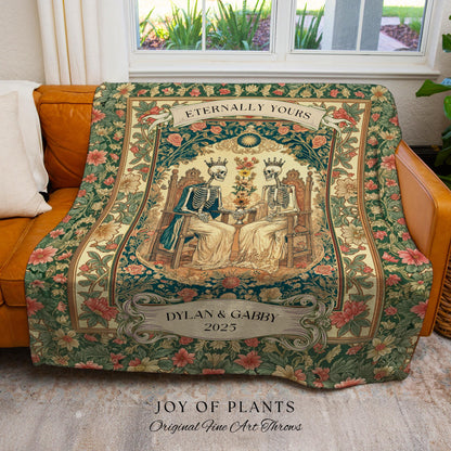 Cozy Skeleton Lovers Til Death Blanket | Custom Anniversary Tapestry Personalized Gift Dark Romantic Baroque Couple Cute Floral Woven Throw