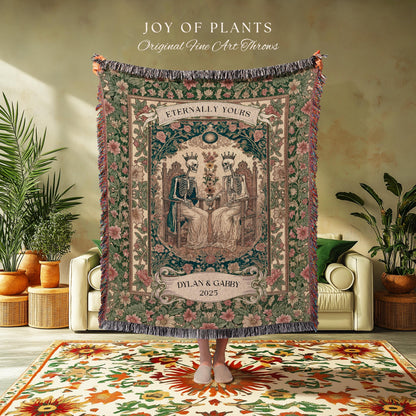 Cozy Skeleton Lovers Til Death Blanket | Custom Anniversary Tapestry Personalized Gift Dark Romantic Baroque Couple Cute Floral Woven Throw