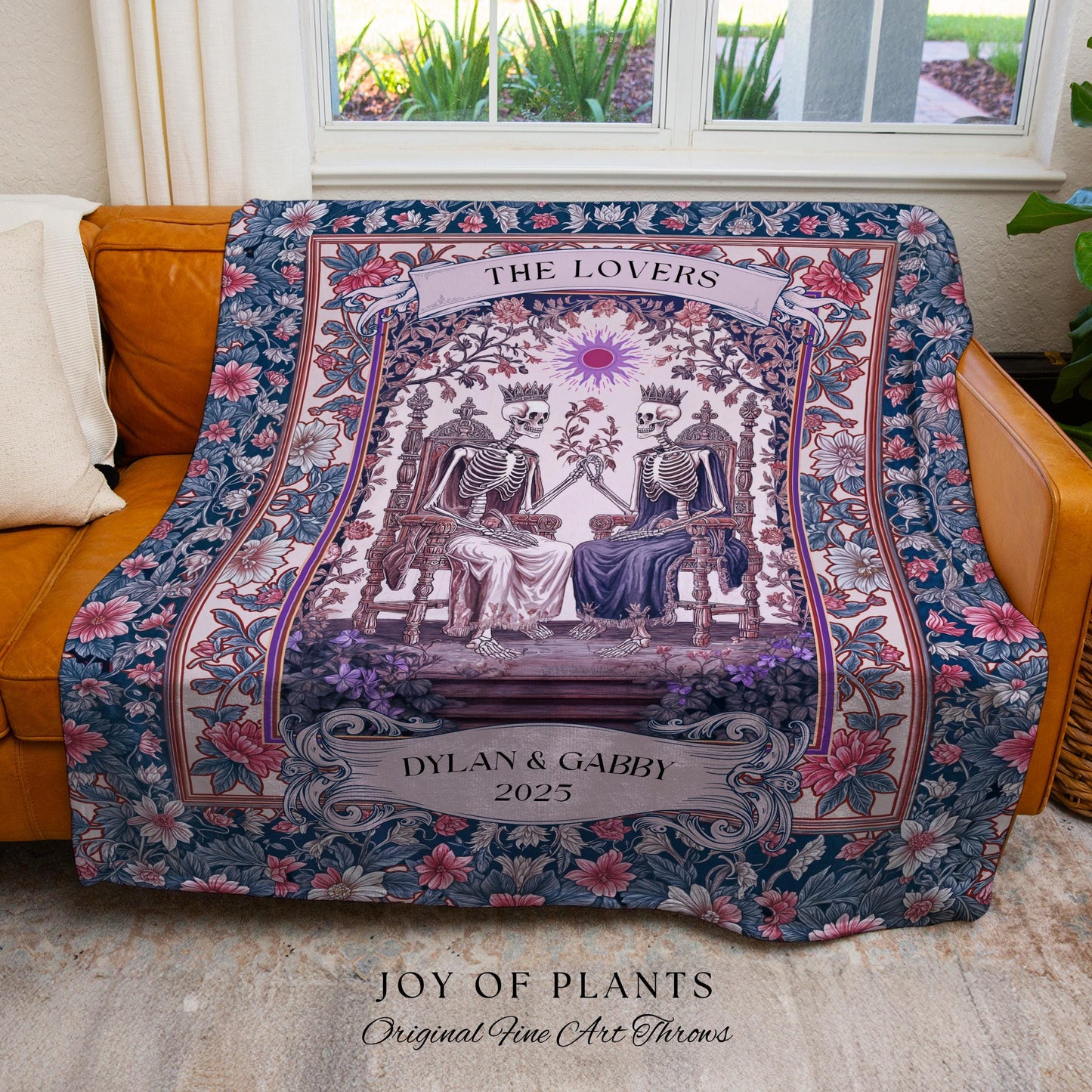 Rustic Pastel Floral Couple Blanket Custom | Witchy Personalized Skeleton Lovers Sentimental Wedding Throw Gothic Anniversary Gift Baroque