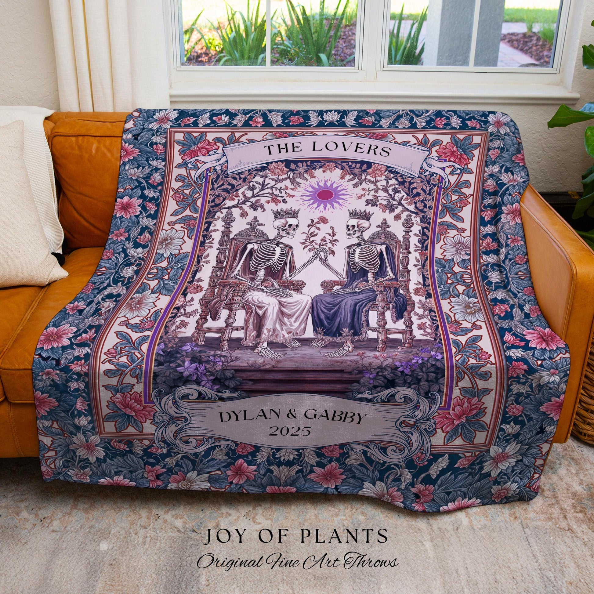 Rustic Pastel Floral Couple Blanket Custom | Witchy Personalized Skeleton Lovers Sentimental Wedding Throw Gothic Anniversary Gift Baroque