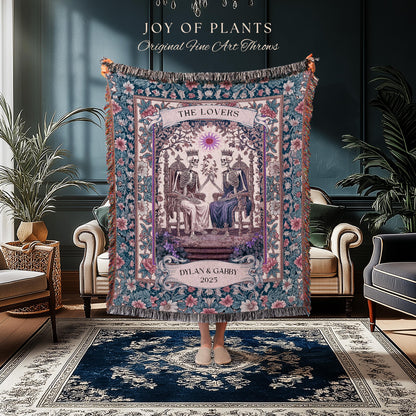 Rustic Pastel Floral Couple Blanket Custom | Witchy Personalized Skeleton Lovers Sentimental Wedding Throw Gothic Anniversary Gift Baroque