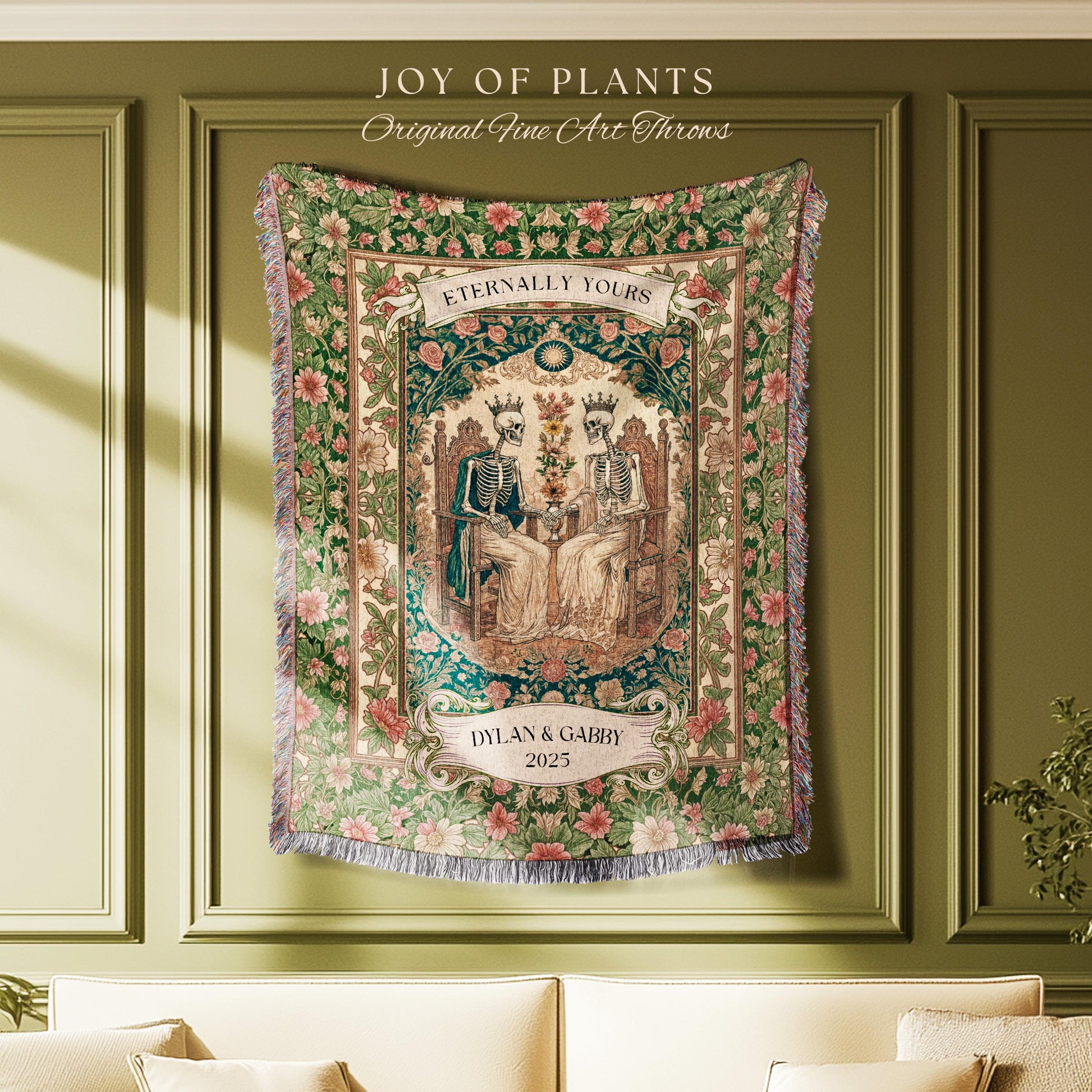 Cozy Skeleton Lovers Til Death Blanket | Custom Anniversary Tapestry Personalized Gift Dark Romantic Baroque Couple Cute Floral Woven Throw