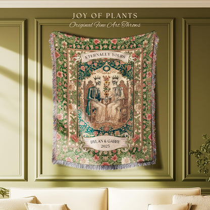 Cozy Skeleton Lovers Til Death Blanket | Custom Anniversary Tapestry Personalized Gift Dark Romantic Baroque Couple Cute Floral Woven Throw