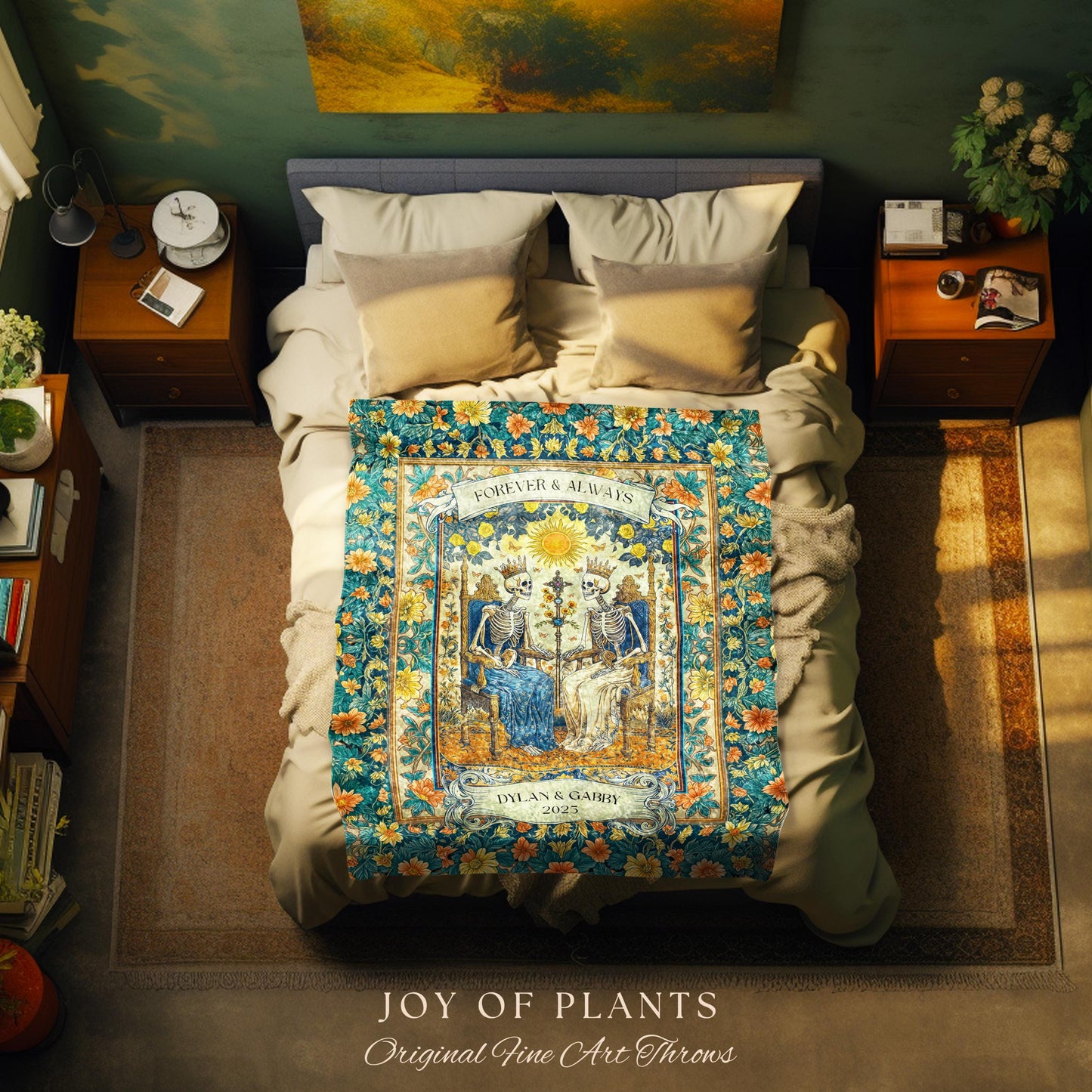 The Lovers Tarot Couple Custom Blanket | Personalized Anniversary Gift Skeletons Cute Tapestry Romantic Dark Floral Wedding Throw Celestial