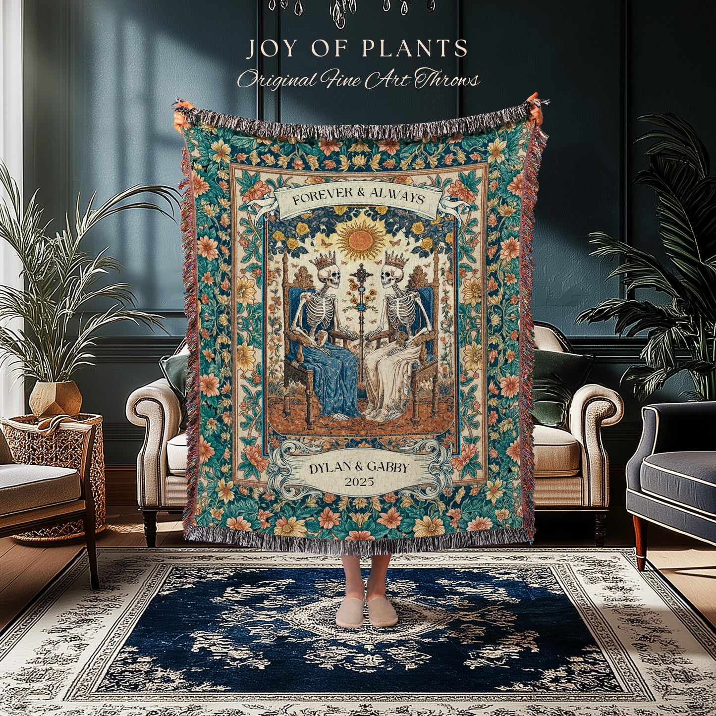 The Lovers Tarot Couple Custom Blanket | Personalized Anniversary Gift Skeletons Cute Tapestry Romantic Dark Floral Wedding Throw Celestial