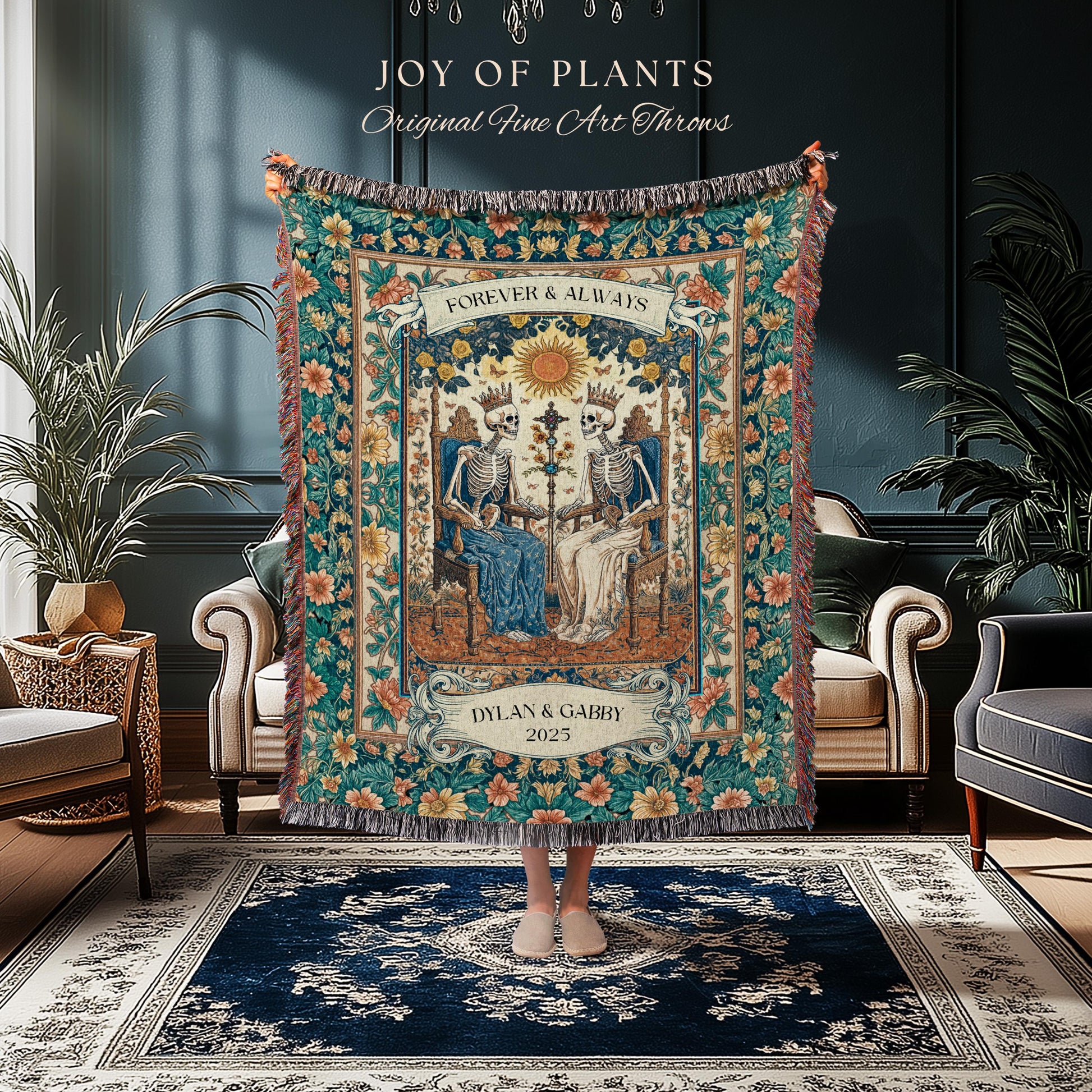The Lovers Tarot Couple Custom Blanket | Personalized Anniversary Gift Skeletons Cute Tapestry Romantic Dark Floral Wedding Throw Celestial