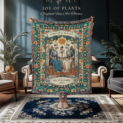 The Lovers Tarot Couple Custom Blanket | Personalized Anniversary Gift Skeletons Cute Tapestry Romantic Dark Floral Wedding Throw Celestial