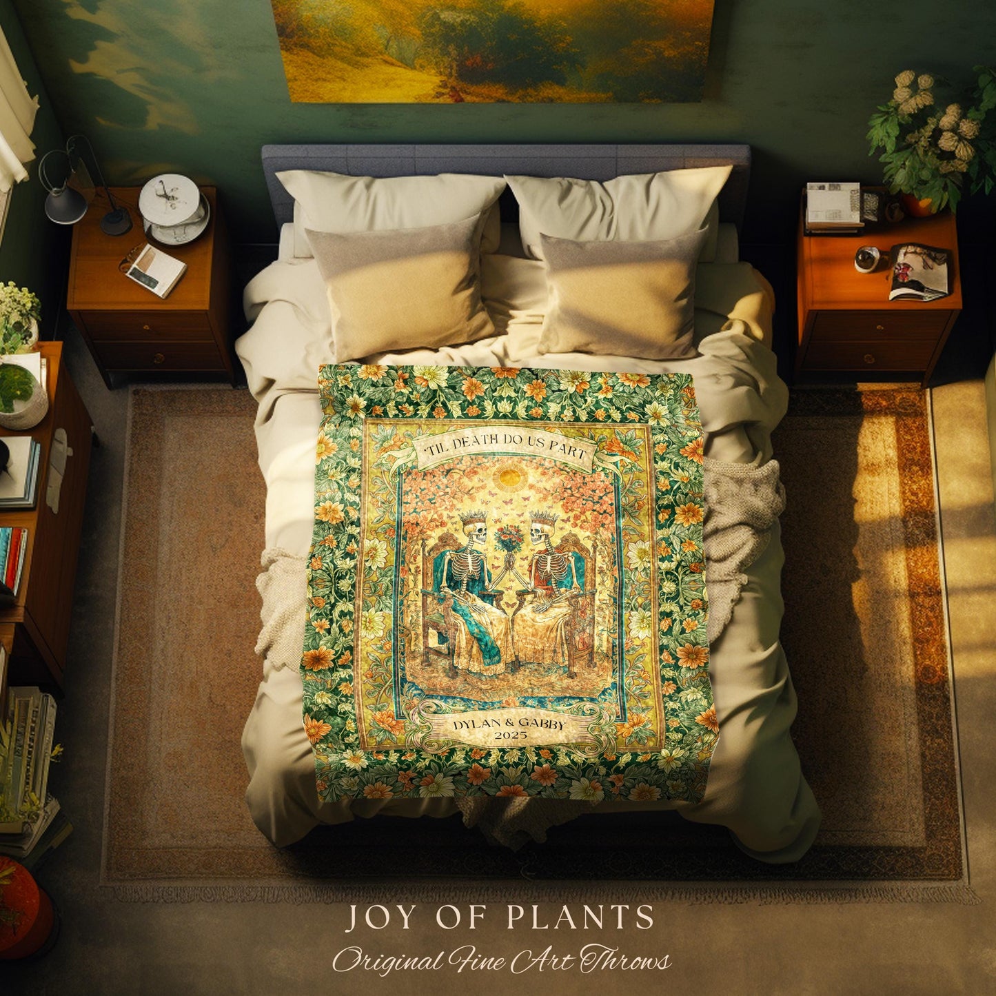 Mystic Lovers Skeleton Custom Blanket | Personalized Names Witchy Couple Throw Gothic Wedding Gift Baroque Floral Tapestry Cozy Anniversary