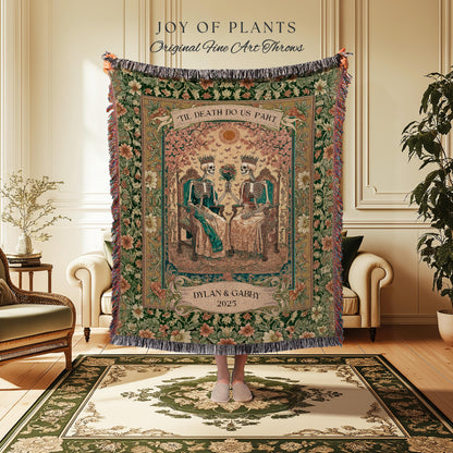 Mystic Lovers Skeleton Custom Blanket | Personalized Names Witchy Couple Throw Gothic Wedding Gift Baroque Floral Tapestry Cozy Anniversary
