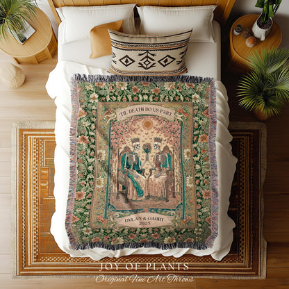 Mystic Lovers Skeleton Custom Blanket | Personalized Names Witchy Couple Throw Gothic Wedding Gift Baroque Floral Tapestry Cozy Anniversary