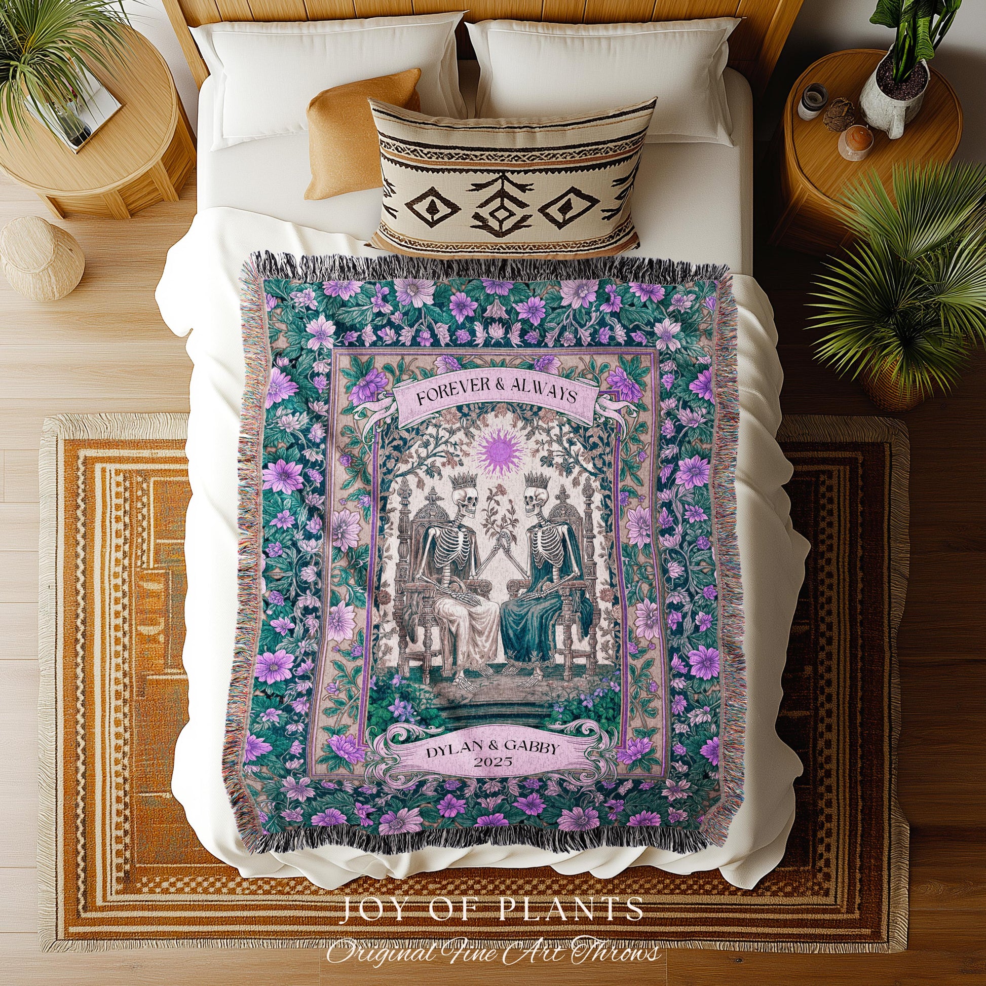 Skeleton Wedding Custom Couple Blanket | The Lovers Tarot Throw Cozy Anniversary Gift Personalized Tapestry Baroque Romantic Gift for Goths