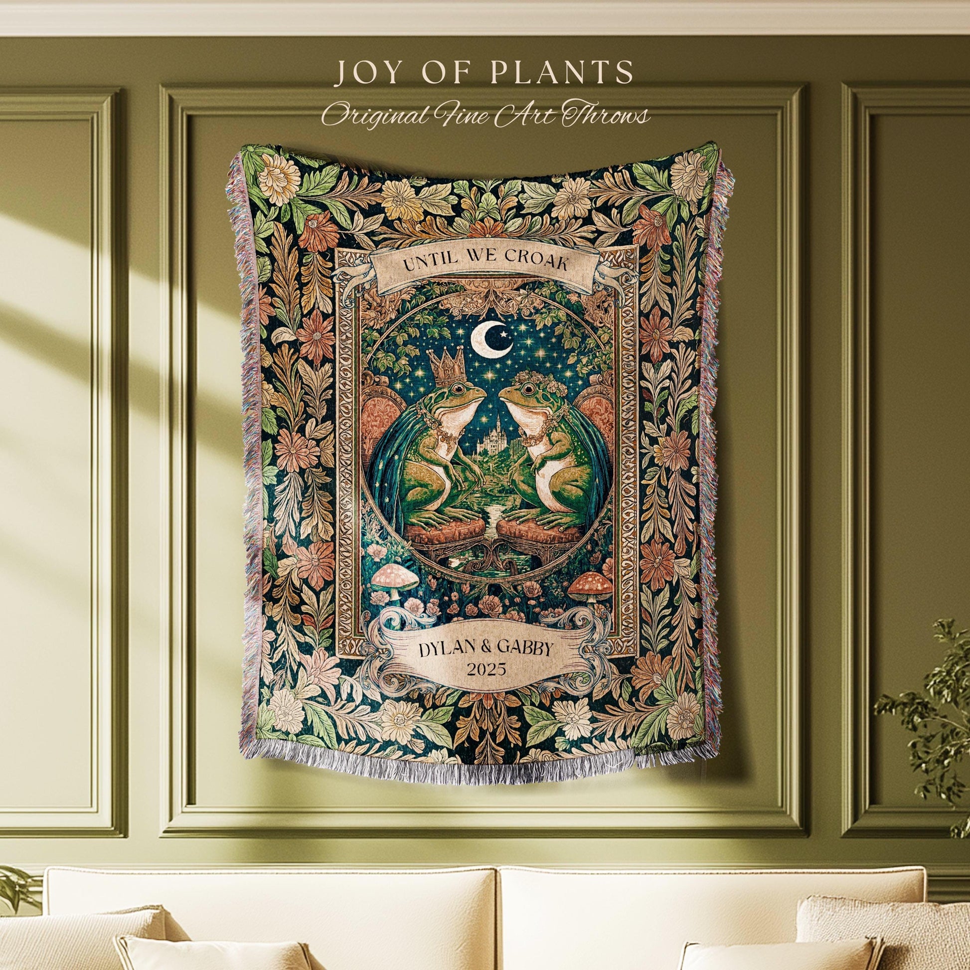 Toad Lovers Celestial Blanket Personalized | Cottagecore Frog Couple Anniversary Custom Names Woven Throw Gift for Partner Romantic Witchy