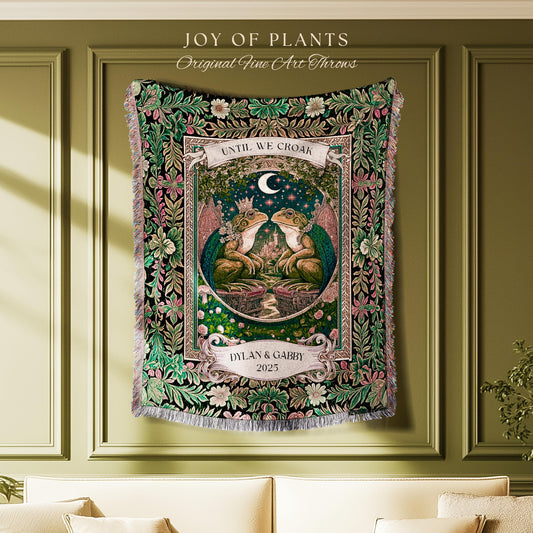Cottagecore Frog Couple Custom Tapestry | Toad Lovers Wedding Gift Personalized Woven Throw Anniversary Gift for Boyfriend or Husband Cute