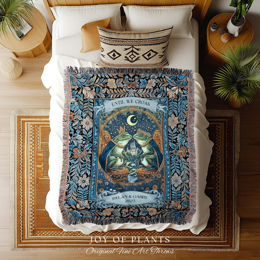 Celestial Frog Couple Custom Blanket | Starry Night Woven Throw Personalized Anniversary Toad Lovers Tapestry Cottagecore Gift Moody Florals