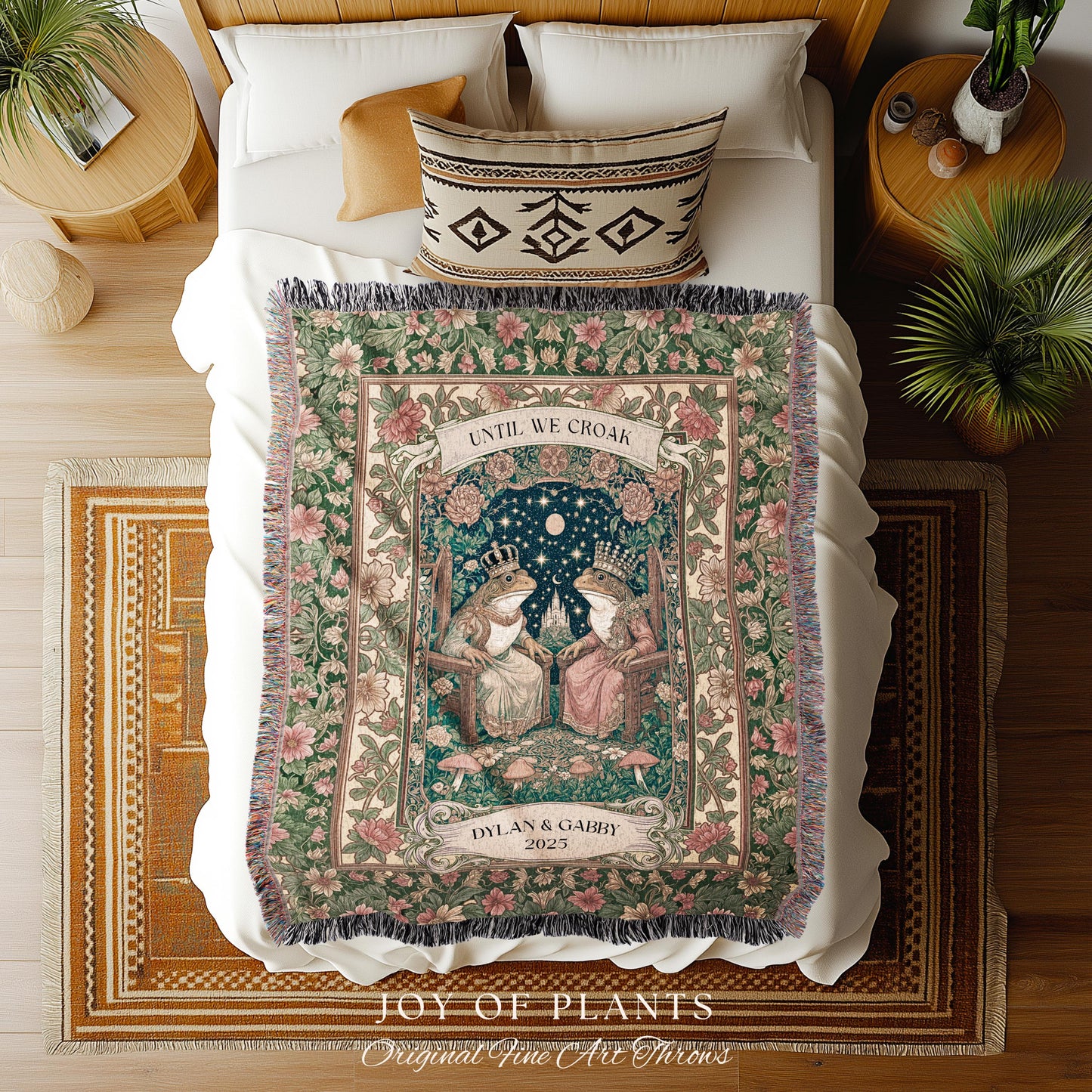 Woodland Frog Lovers Custom Blanket | Royal Toad Couple Throw Personalized Anniversary Gift Pastel Cottagecore Tapestry Whimsical Cute Style
