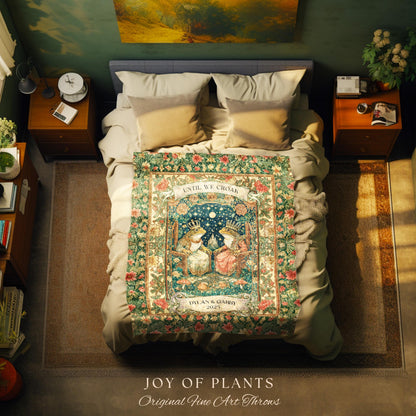 Woodland Frog Lovers Custom Blanket | Royal Toad Couple Throw Personalized Anniversary Gift Pastel Cottagecore Tapestry Whimsical Cute Style