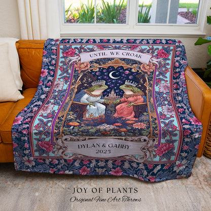 Folklore Frog Lovers Personalized Blanket | Pastel Wedding Gift Woven Throw Custom Name Tapestry Woodland Toad Couple Gift for Girlfriend |