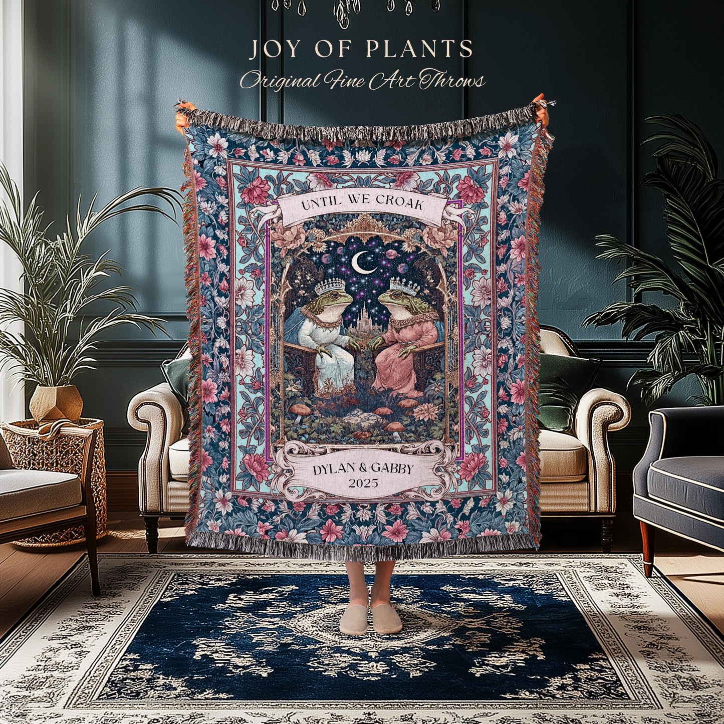 Folklore Frog Lovers Personalized Blanket | Pastel Wedding Gift Woven Throw Custom Name Tapestry Woodland Toad Couple Gift for Girlfriend |