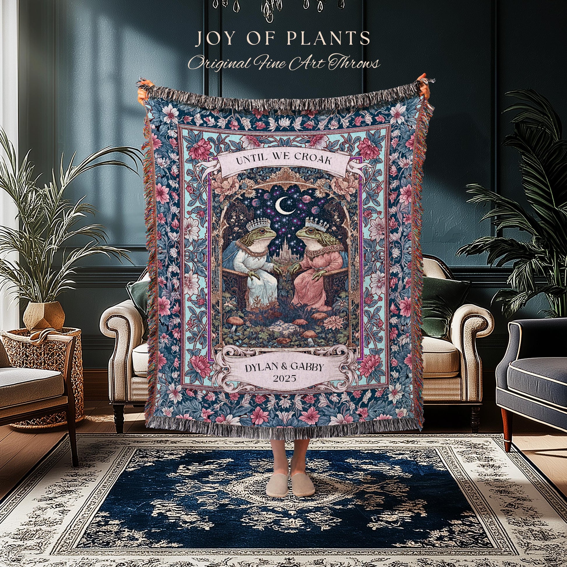 Folklore Frog Lovers Personalized Blanket | Pastel Wedding Gift Woven Throw Custom Name Tapestry Woodland Toad Couple Gift for Girlfriend |