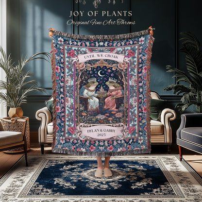 Folklore Frog Lovers Personalized Blanket | Pastel Wedding Gift Woven Throw Custom Name Tapestry Woodland Toad Couple Gift for Girlfriend |