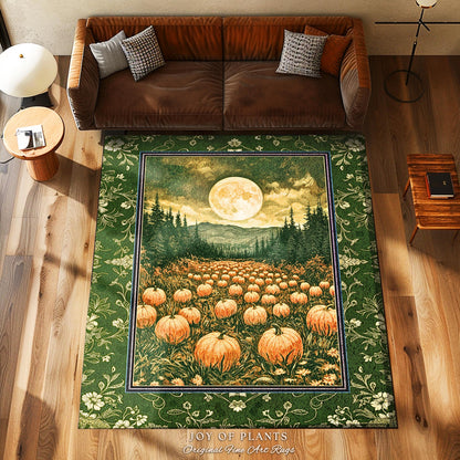 Sage Green Full Moon Area Rug | Rustic Pumpkin Home Decor Whimsigothic Aesthetic Rustic Fall Accent Halloween Trees Light Academia Bedroom