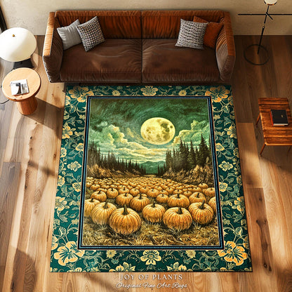 Rustic Full Moon Fall Accent Rug | Whimsigoth Forest Autumn Vibes Cozy Pumpkin Decor Gothic Academia Aesthetic Halloween Bedroom Area Rug |