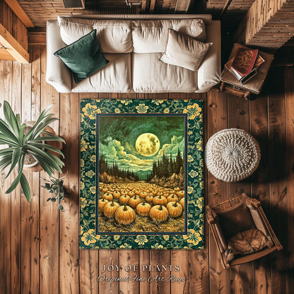 Rustic Full Moon Fall Accent Rug | Whimsigoth Forest Autumn Vibes Cozy Pumpkin Decor Gothic Academia Aesthetic Halloween Bedroom Area Rug |