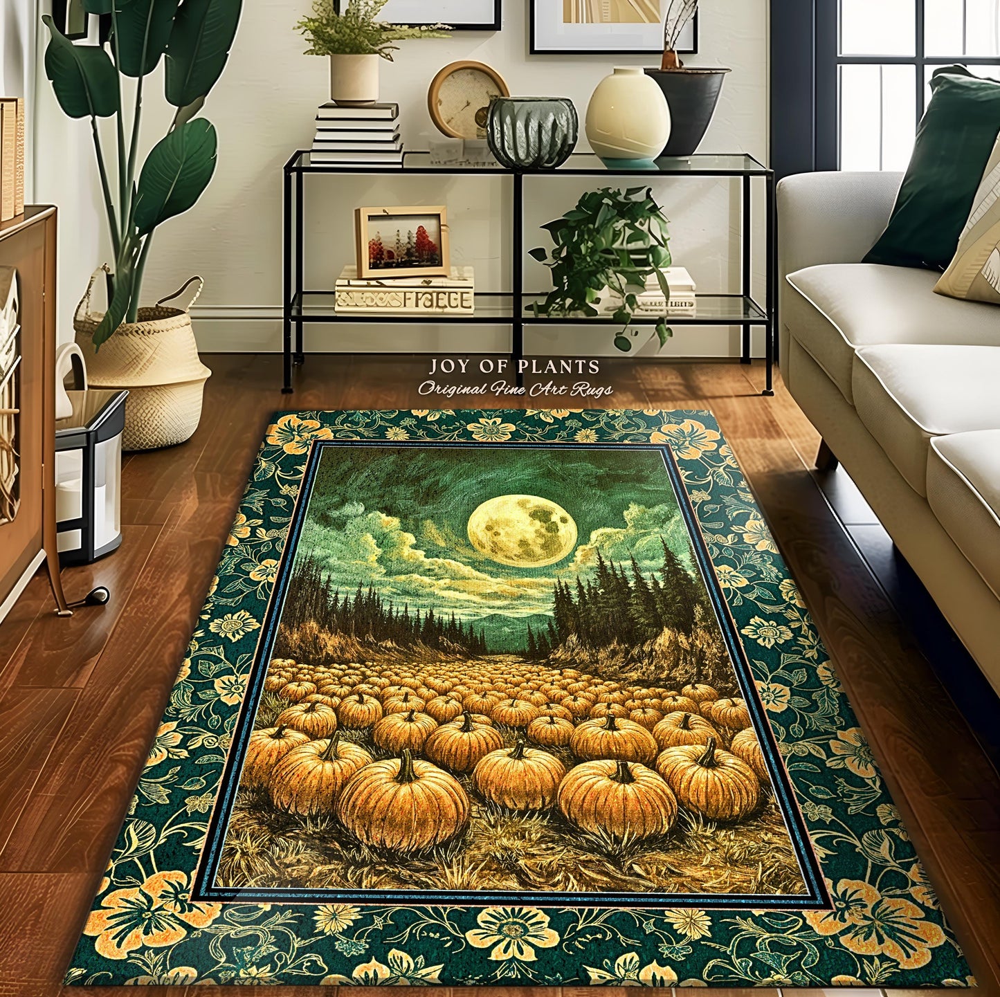 Rustic Full Moon Fall Accent Rug | Whimsigoth Forest Autumn Vibes Cozy Pumpkin Decor Gothic Academia Aesthetic Halloween Bedroom Area Rug |