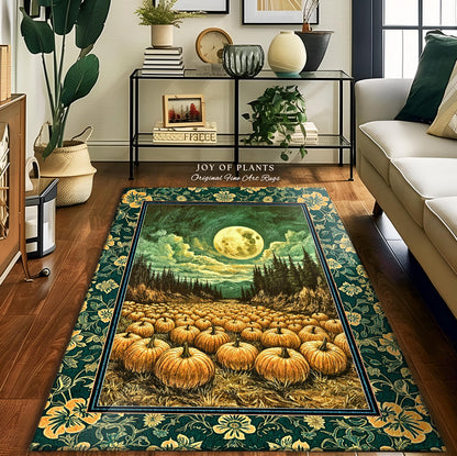 Rustic Full Moon Fall Accent Rug | Whimsigoth Forest Autumn Vibes Cozy Pumpkin Decor Gothic Academia Aesthetic Halloween Bedroom Area Rug |