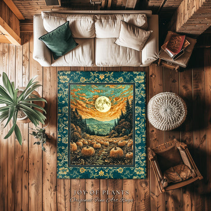 Moody Gothic Halloween Area Rug | Whimsical Fall Pumpkin Decor Full Moon Dark Academia Spooky Throw Rustic Aesthetic Autumn Bedroom Accent