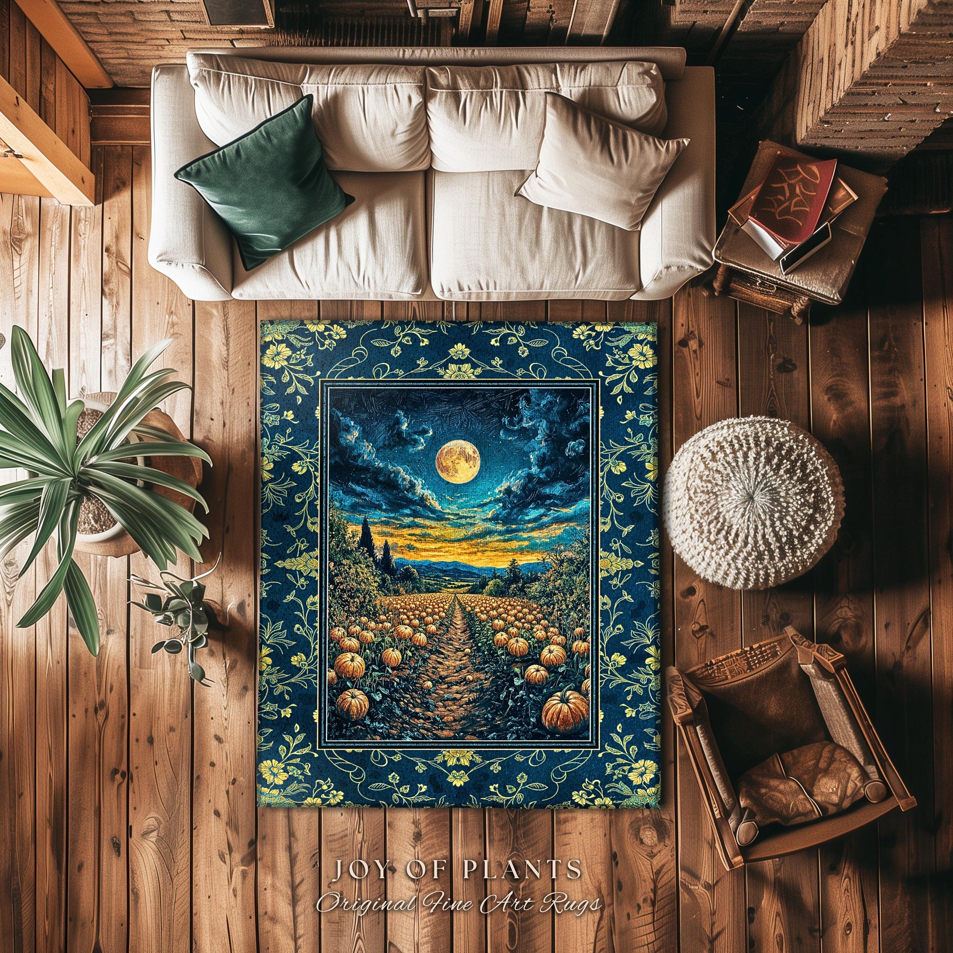 Dark Moody Harvest Moon Accent Rug | Whimsigoth Dark Academia Vibe Pumpkin Patch Spooky Season Rustic Bedroom Fall Decor Halloween Aesthetic