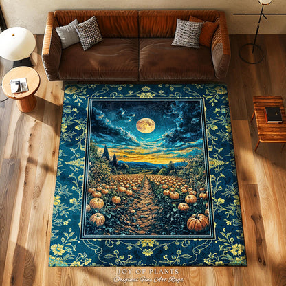 Dark Moody Harvest Moon Accent Rug | Whimsigoth Dark Academia Vibe Pumpkin Patch Spooky Season Rustic Bedroom Fall Decor Halloween Aesthetic