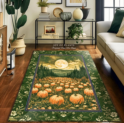 Sage Green Full Moon Area Rug | Rustic Pumpkin Home Decor Whimsigothic Aesthetic Rustic Fall Accent Halloween Trees Light Academia Bedroom