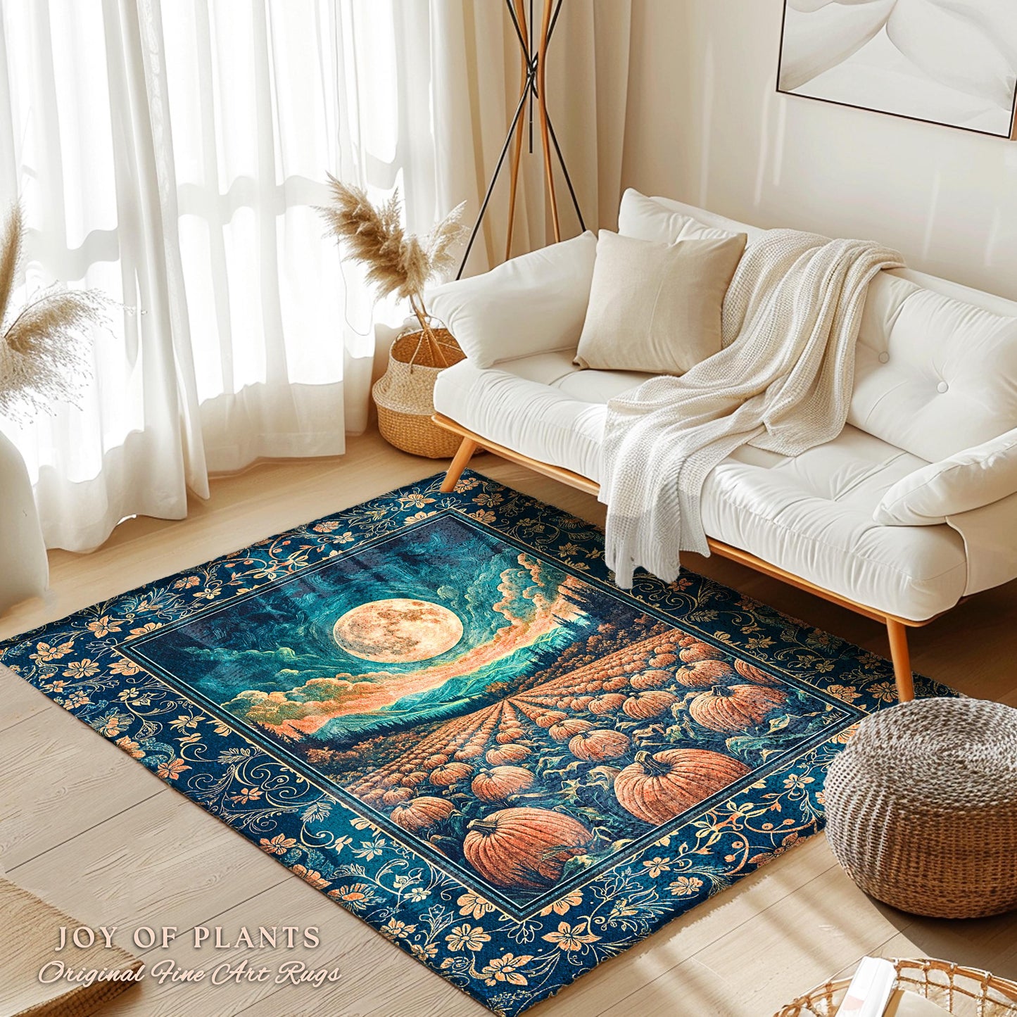 Fall Pumpkin Patch Cozy Bedroom Rug | Whimsical Dark Academia Aesthetic Autumn Accent Rug Rustic Whimsigoth Halloween Aesthetic Witchy Art |