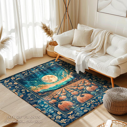 Fall Pumpkin Patch Cozy Bedroom Rug | Whimsical Dark Academia Aesthetic Autumn Accent Rug Rustic Whimsigoth Halloween Aesthetic Witchy Art |